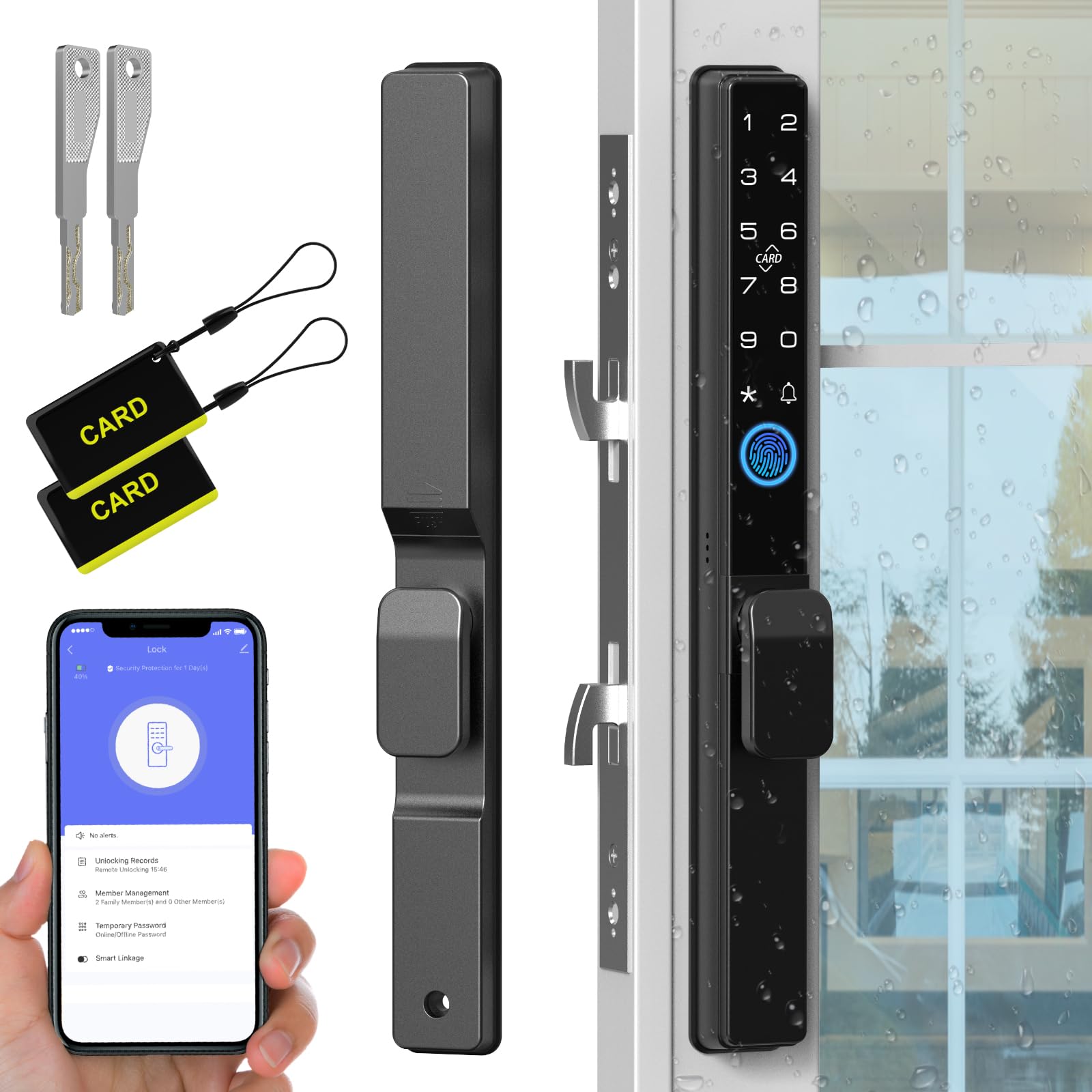 Photo 1 of Sliding Door Smart Lock, Sliding Glass Door Lock with Fingerprint, Smart Mortise Lock with APP IC Card Code Keys, Patio Door Double Hook 2085 Mortise Lock Set with Handle