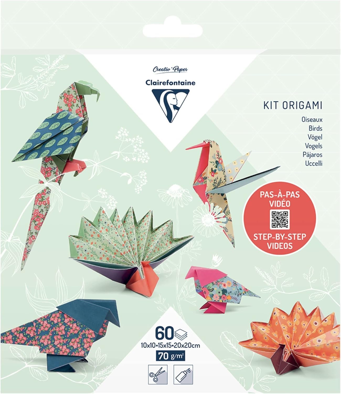Clairefontaine 95382C Origami Box 60 Sheets Origami Paper Birds 70gsm 3 Sizes 10x10cm 15x15cm 20x20cm 4 Different Designs Including 5 Different Illustrations