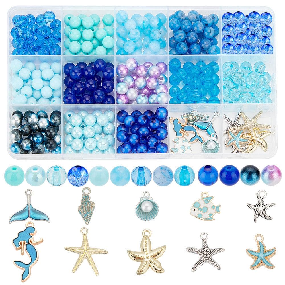 PH PandaHall 345pcs 8mm Blue Glass Beads Shell Starfish Charms Mermaid Pendants Crackle Bead Ocean Beach Beads Charms for Summer Seaside Jewellery Making Bracelets Necklaces Earring Crafts