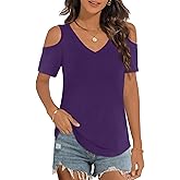Elesomo Womens V Neck Cold Shoulder Tops Short/Long Sleeve Summer T Shirts Basic Tees