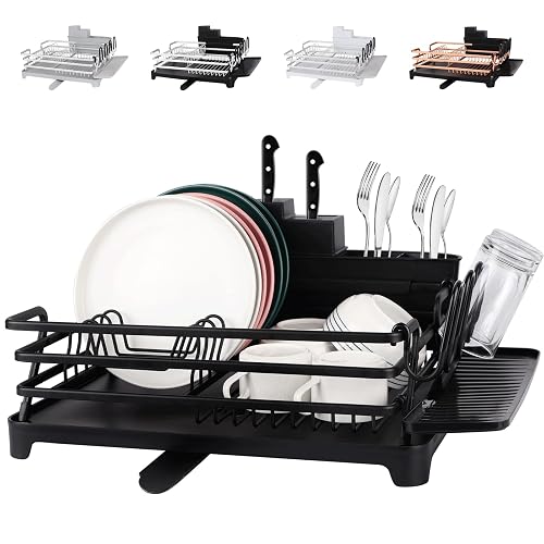 Dish Drying Rack With Drain Board & Cup Holder - Compact Countertop Organizer, Black Metal