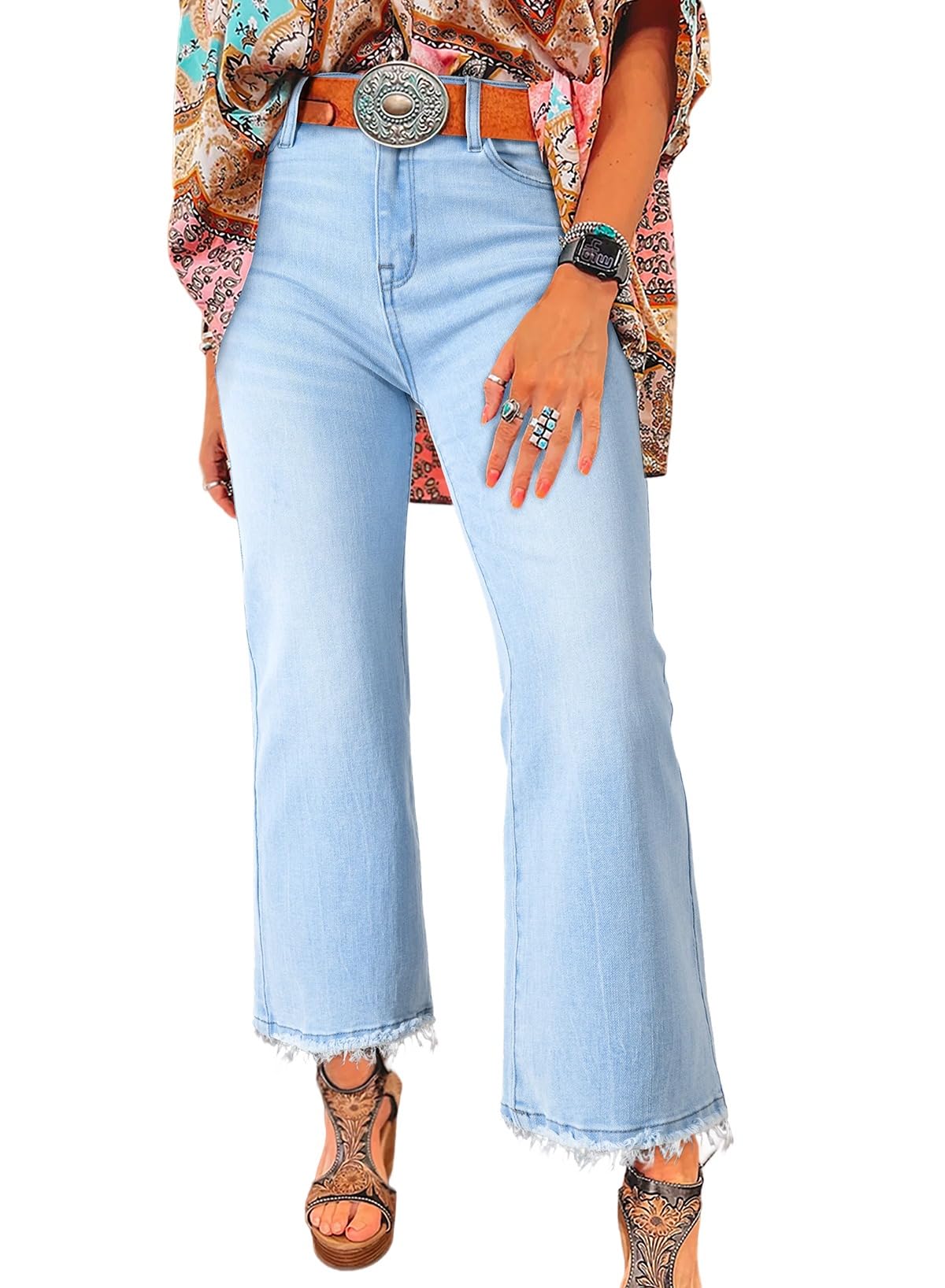 Photo 1 of Astylish Women's Flared Jeans High Waisted Stretchy Straight Leg Boyfriend Jean Loose Ripped Raw Hem Ankle Denim Summer Pants for Women Size 10 Light Blue