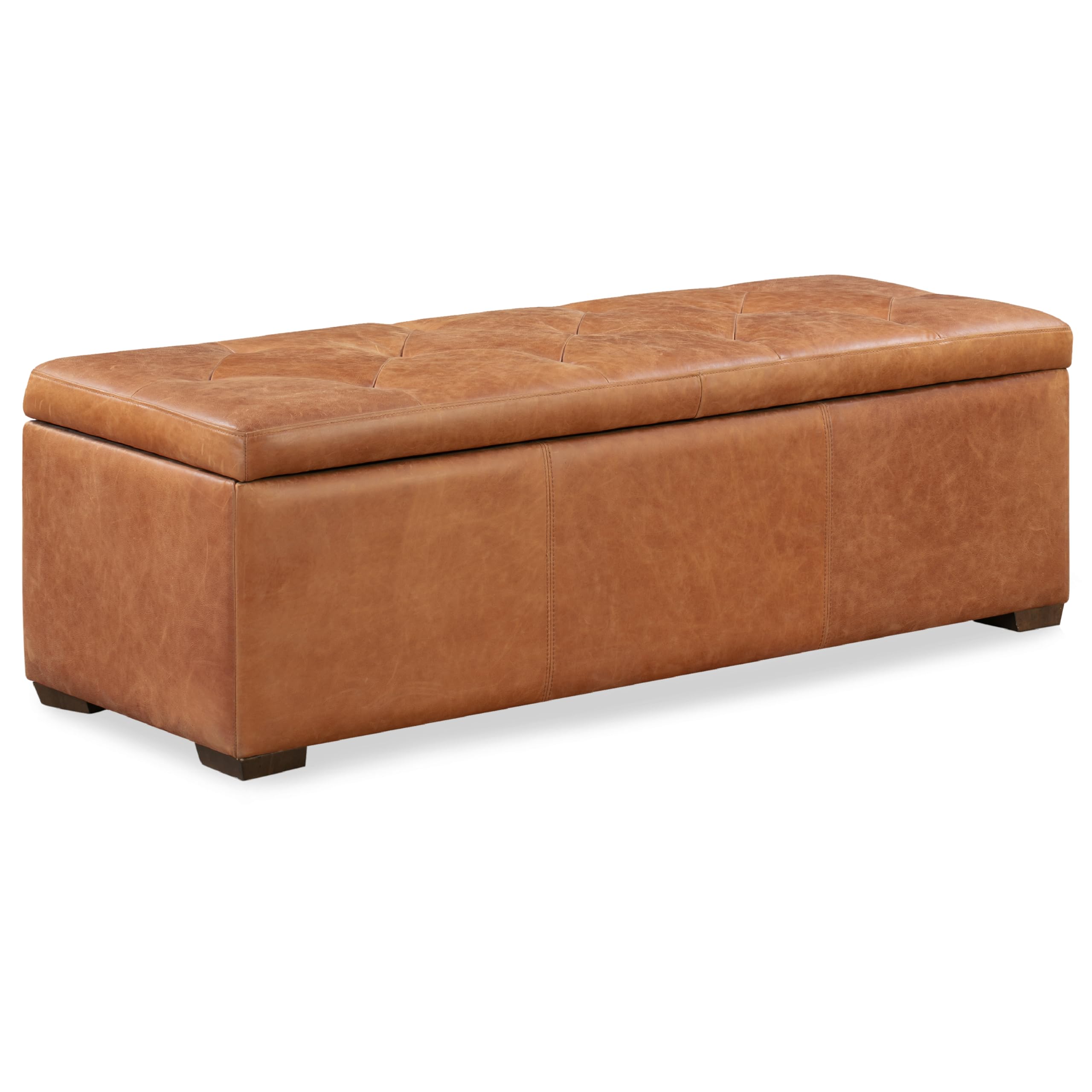 POLY & BARK Senja Storage Ottoman – 52" Large with Feather-Down Topper – Full-Grain Leather Upholstered Ottoman Box – Bench or Bedroom Storage – Vintage Italian Leather in Cognac Tan Image
