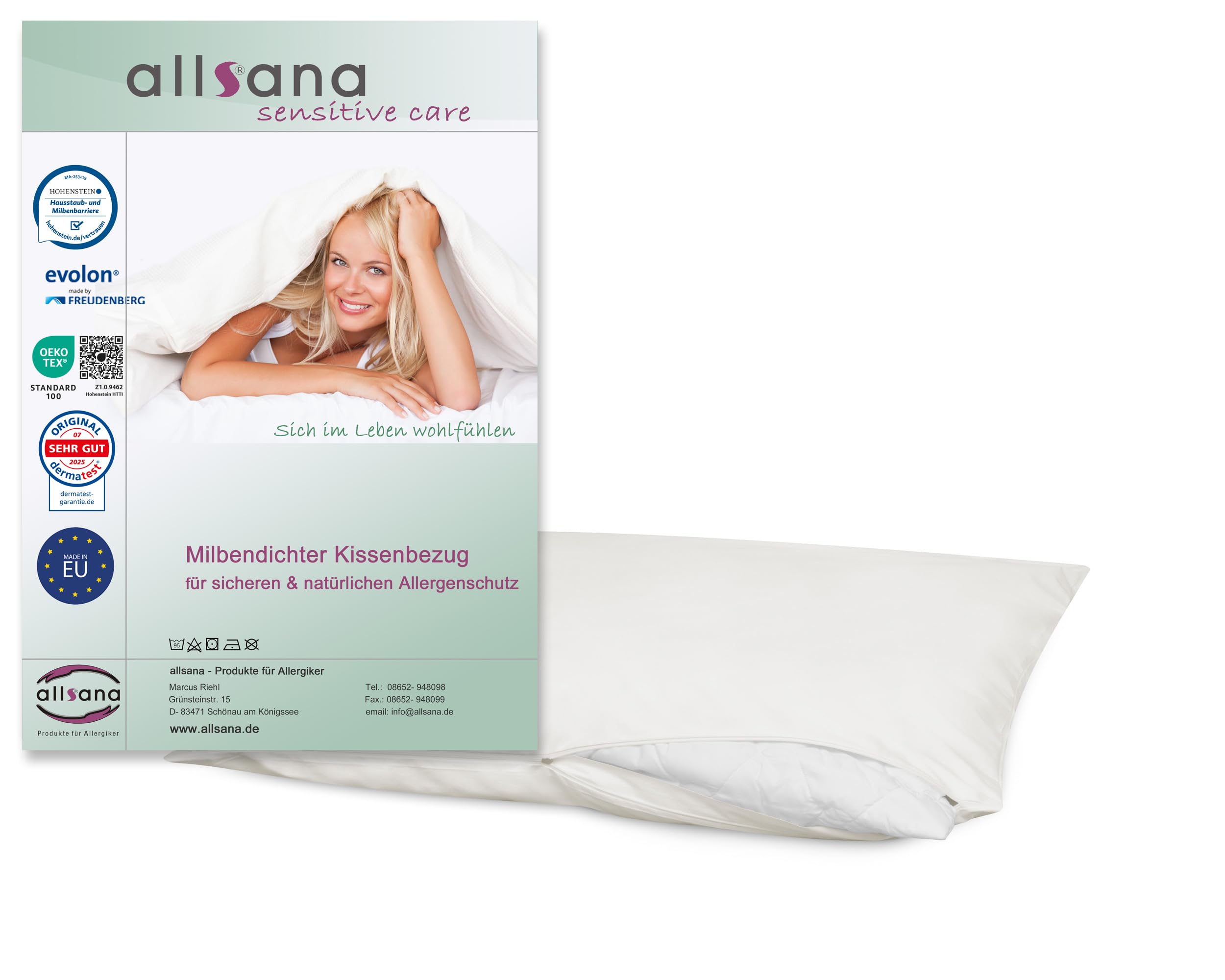 Allsana Allergy Sufferers Pillowcase 40 x 60 cm | Allergy Bed Linen | Anti Mite Encasing | Mite Protection for House Dust Allergy Sufferers | Allergy-Proof Intermediate Cover for Pillow | Hohenstein