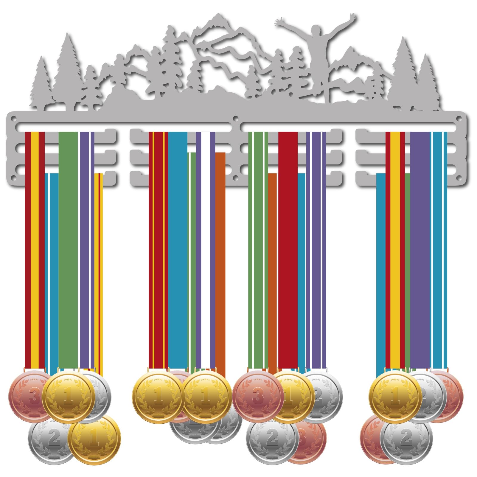 CREATCABIN Running Medal Holder Sports Medal Hanger Display Mountain Trees Wall Rack Metal Silver Sports Marathon Race Ribbons Hanging Mount Decor for Runners Athlete Players Medalists 15.7 x 5.9Inch