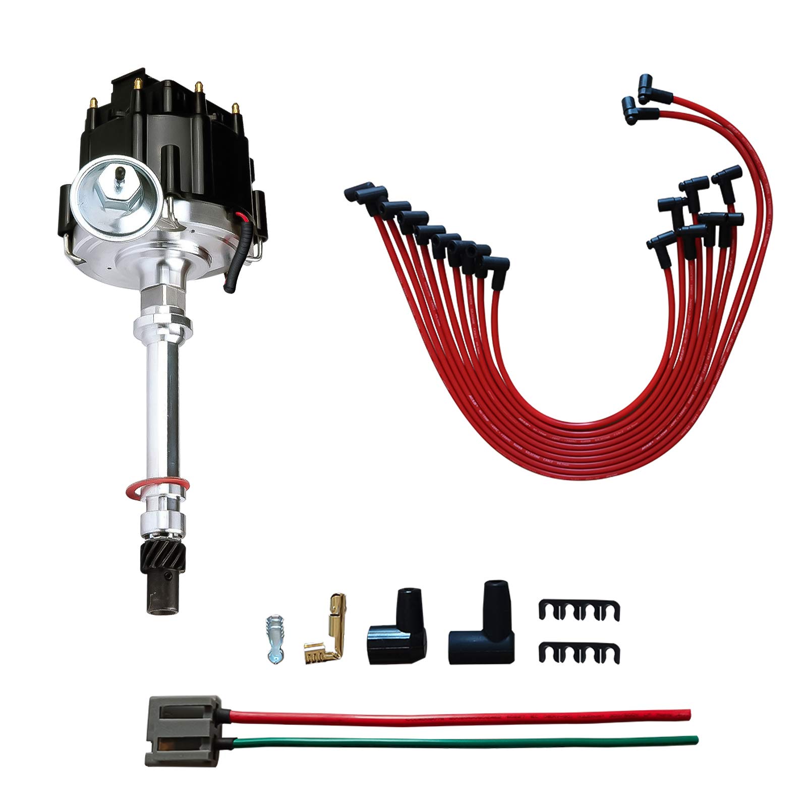 Photo 1 of MAS Performance HEI Distributor & Spark Plug Wires & Free Pigtail Wire Harness Combo Kit Compatible with Chevy GMC SBC 305 350 BBC 454 65k Coil 7500RPM DD-SBC-HEI-V8 Replacement for 850001R