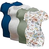Bearsland 4 Pack Women's Maternity Shirts Crew Neck Maternity Top Short Sleeve Side Ruched Pregnancy Clothes