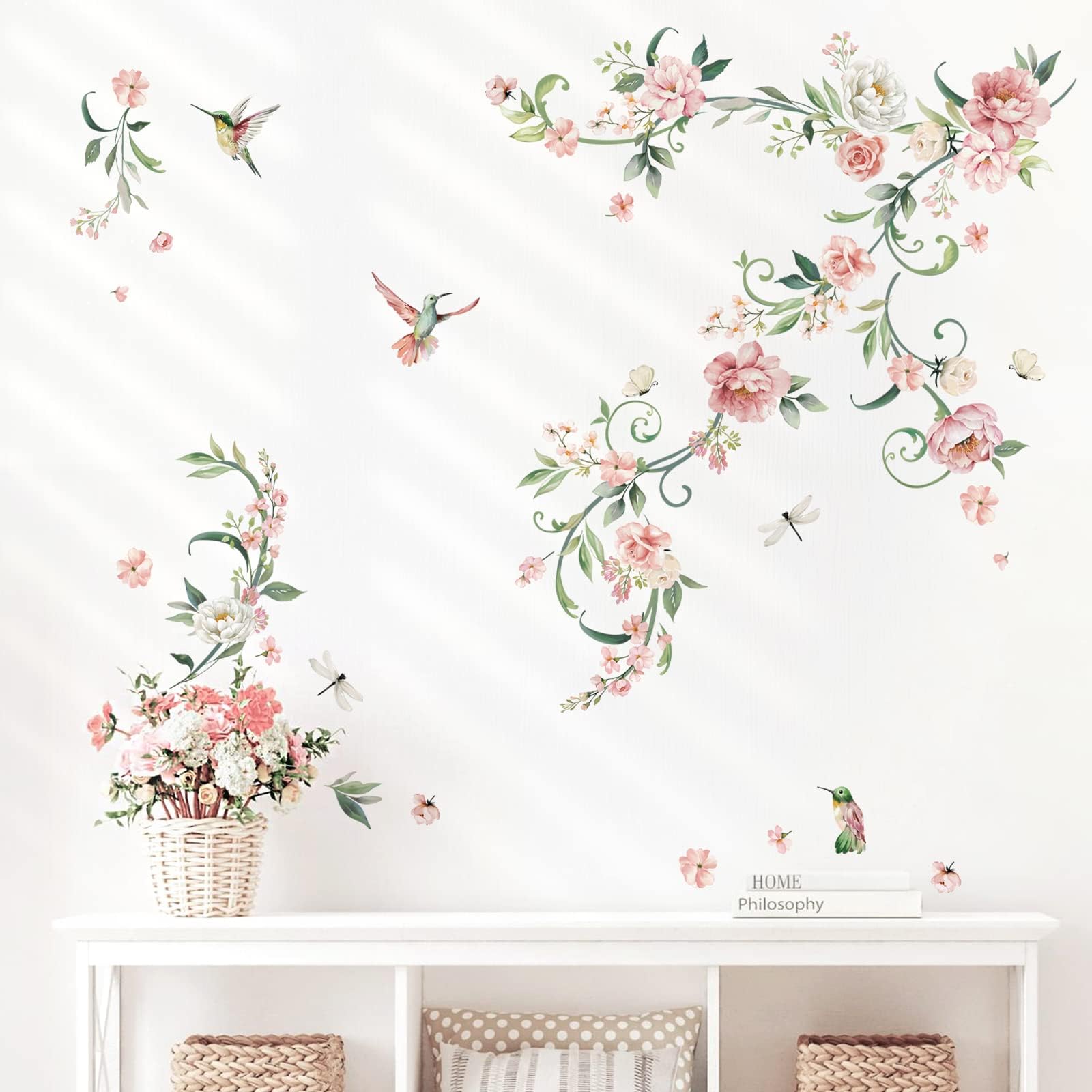 decalmile Peony Flower Wall Decals Pink Blossom Birds Wall Stickers Living Room Bedroom Girls Bedroom Wall Decor