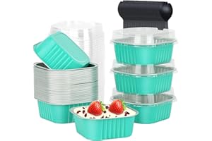 10oz Aluminum Brownie Pans 40 Pack,LNYZQUS Square 4”X4” Disposable Ramekins Cupcake Liners With Lids,Mini Cake Baking Pans,Large Muffin Tin Holders For Catering Gathering-Cyan Blue