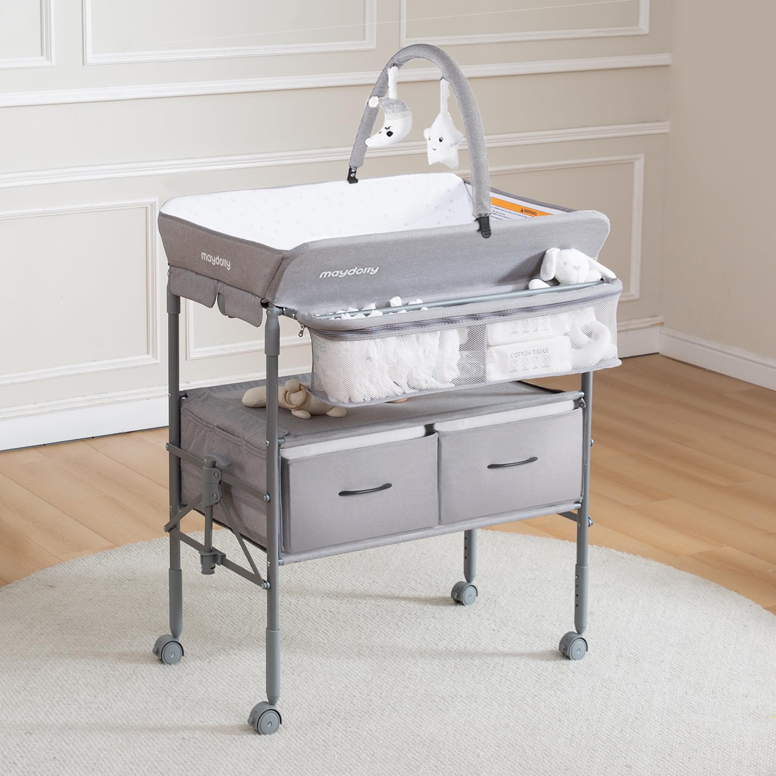 Photo 1 of Maydolly Baby Changing Table, Portable Folding Changing Table with Wheels, Waterproof and Adjustable Height, Premium Diaper Changing Station with Two Drawers, Mobile Nursery for Newborn (Grey)