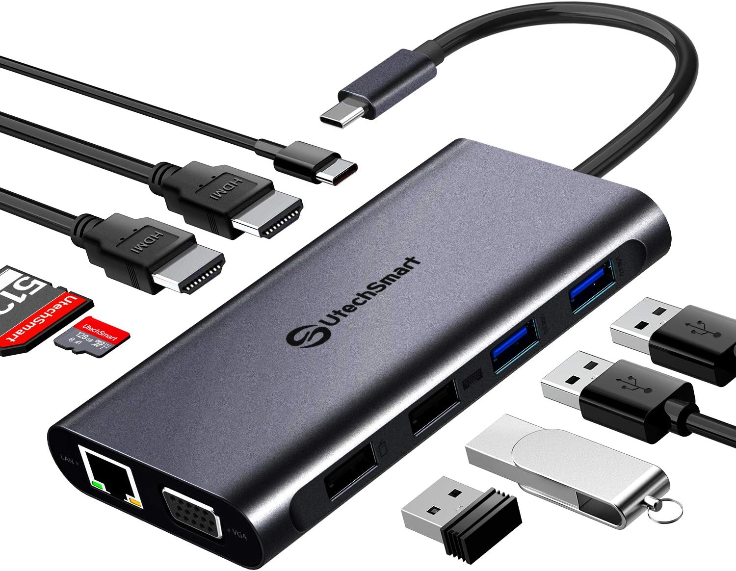 USB C Hub, UtechSmart Triple Display USB Type C Adapter Docking Station with 2 HDMI, VGA, Power Delivery Type C Port,SD TF Card Reader, 4 USB Ports USB-C Dock Compatible for MacBook, Other USBC Laptop: Computers & Accessories