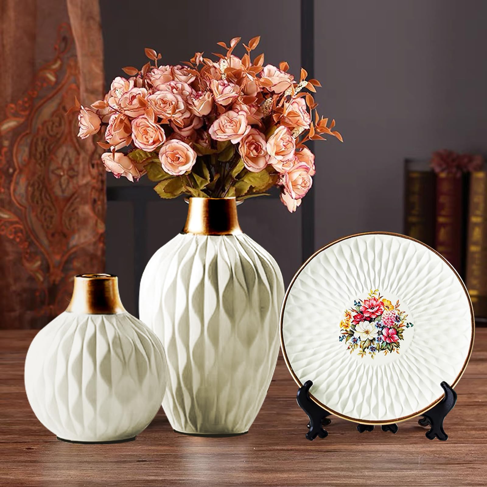 TaoTaoChong White Ceramic Vase Set of 3, Handmade Decorative Home Accessories Flower Vases for Centerpieces Living Room Farmhouse Table Boho Décor