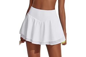 PINSPARK Womens Pleated Tennis Skirt Double Ruffle Golf Skort Tummy Control Athletic Skirts with 3 Pockets Workout Pickleball