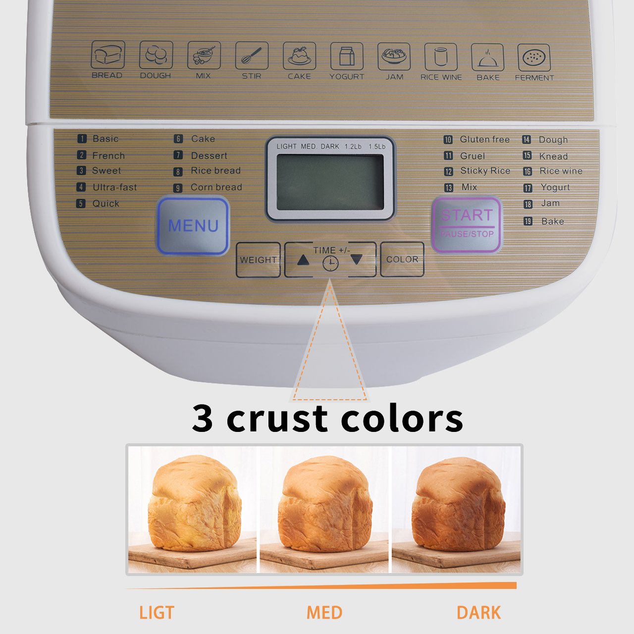 COSVII Programmable Bread Machine with Removable Non-stick Pan- 1.5-Pound Loaf, All Kinds of Breads, 15-Hour Delay Time, Gluten-free Setting, 2 Loaf Sizes, 3 Crust Colors, Automatic keep warm 1 hour