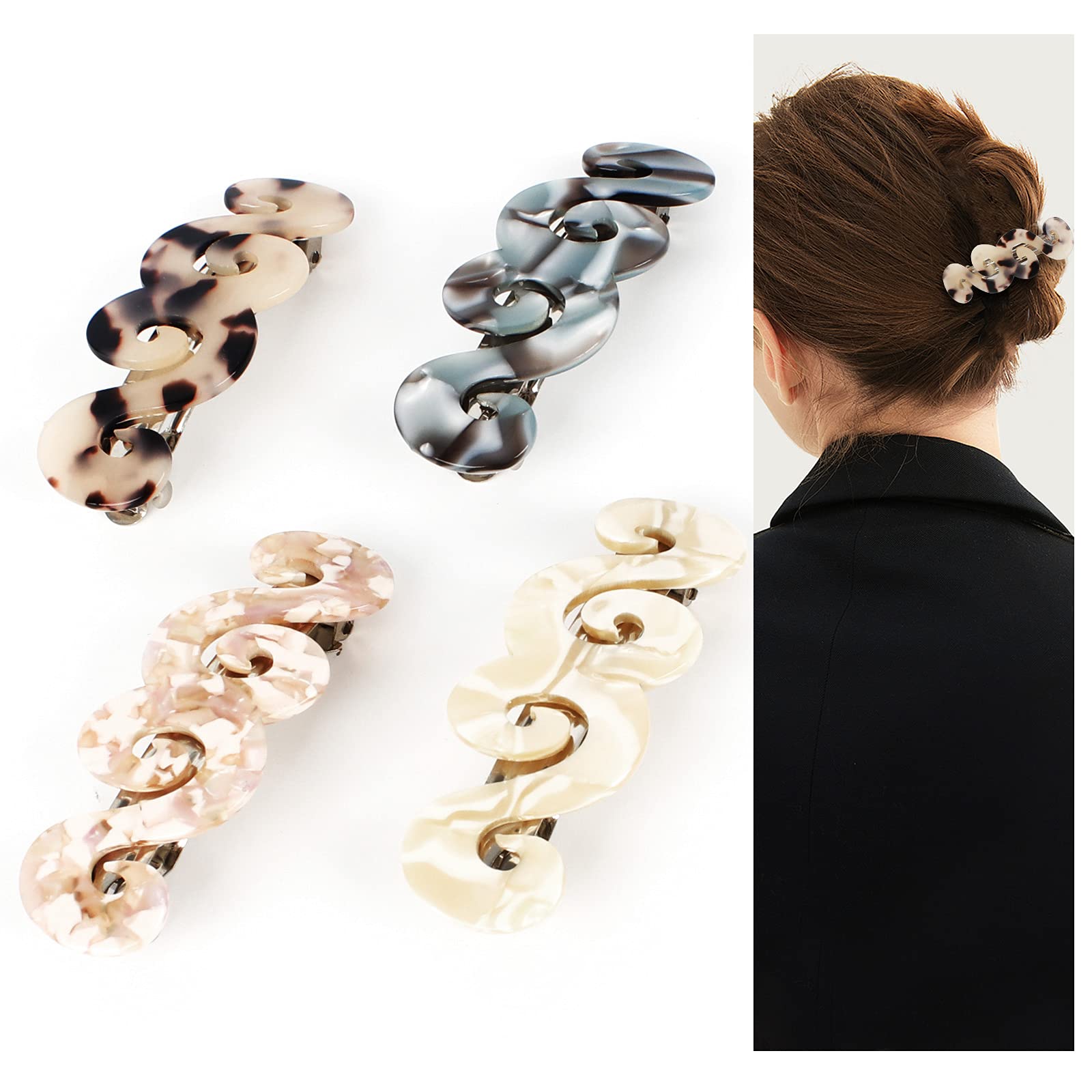 4Pcs French Design Hair Barrette Vintage Hair Barrettes Clips Anti Slip Automatic Hair Clip Tortoise Shell Hair Clips Hair Accessories for Girls Women Thick Short Long Hair(4 Styles)