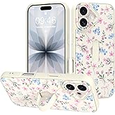 LEOMAKRON Designed for iPhone 17 Case with Finger Strap Kickstand,Cute Pink Flower Heart Bowknot Pattern for Women Girls,Full Camera Protection Aesthetic Shockproof TPU Design,White