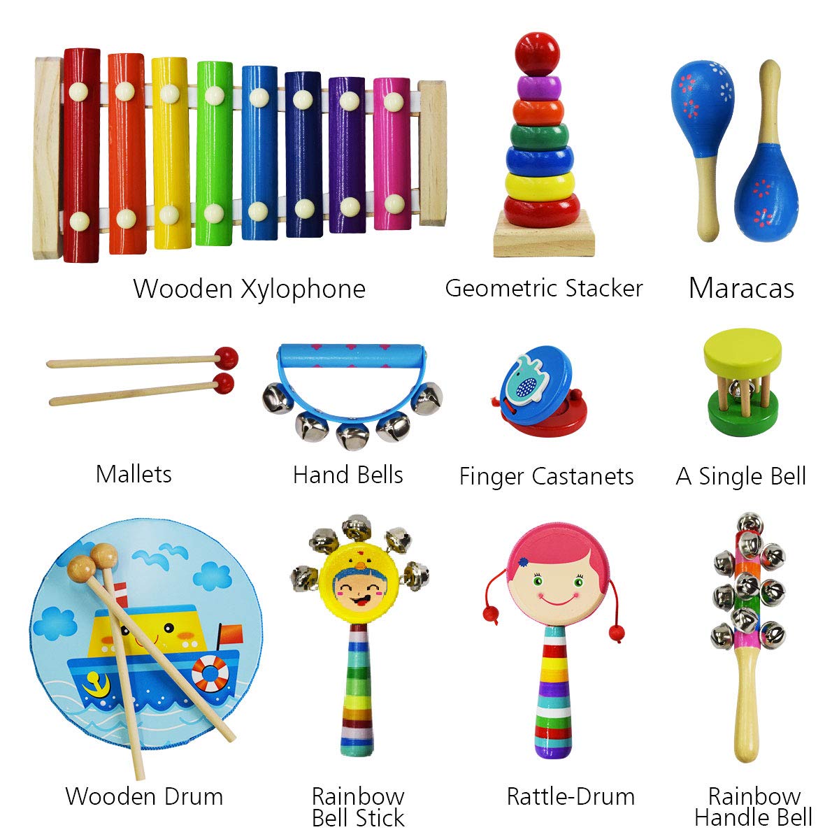 CACA 15pcs Musical Instrument Kit with Xylophone | Wooden Percussion Instruments Toy for Kids Toddler Preschool Educational | Early Learning Musical Toy Gift Set for Boys and Girls