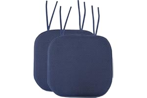 Sweet Home Collection Chair Cushion Memory Foam Pads with Ties Honeycomb Pattern Slip Non Skid Rubber Back Rounded Square 16" x 16" Seat Cover, 2 Pack, Navy