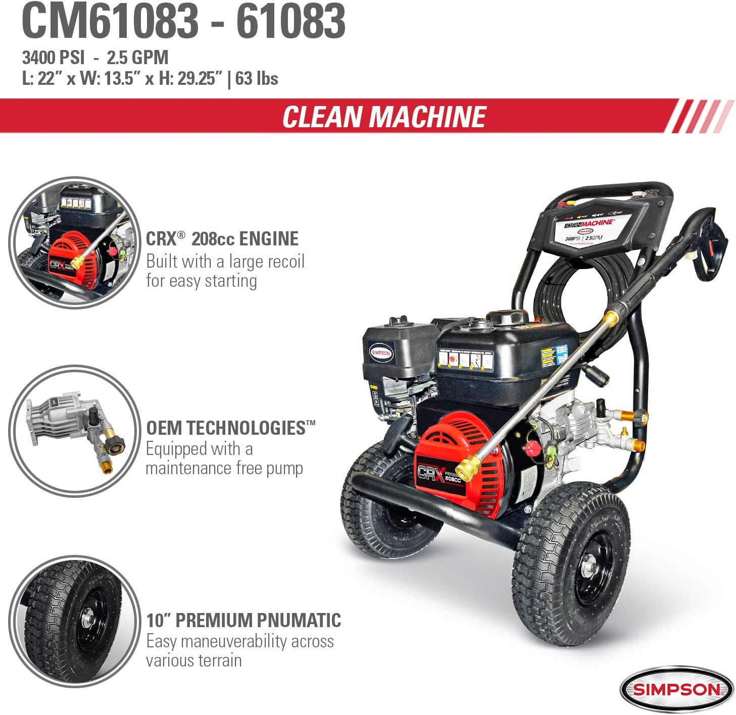 Simpson Cleaning CM61083 3400 PSI at 2.5 GPM Clean Machine Cold Water Residential Gas Pressure Washer, Natural: Garden & Outdoor