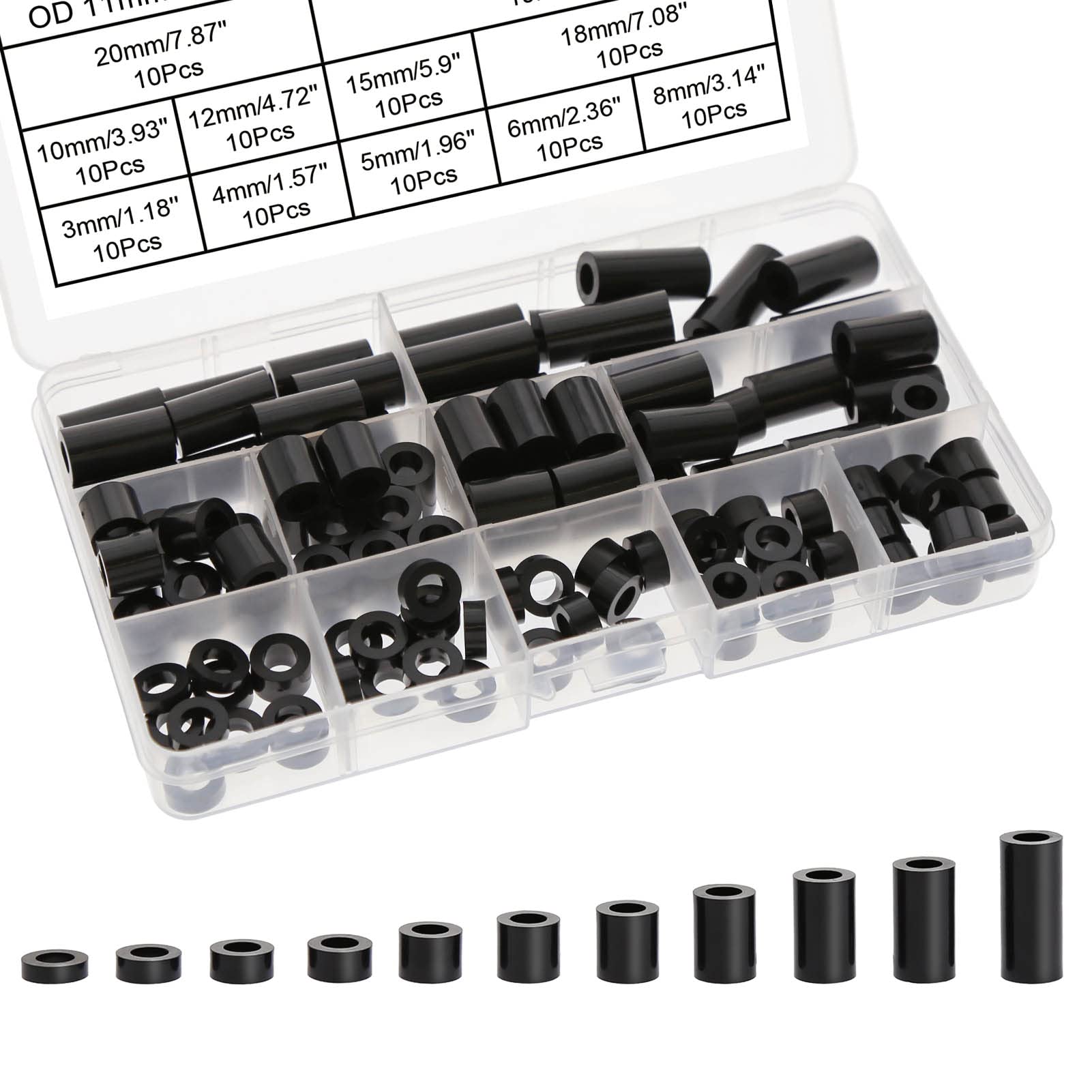Evemodel 110pcs ABS Round Spacer ID 6.2mm OD 11mm Length 3mm to 25mm for M6 Screws Washers for Screws with Storage Box DIY Accessories