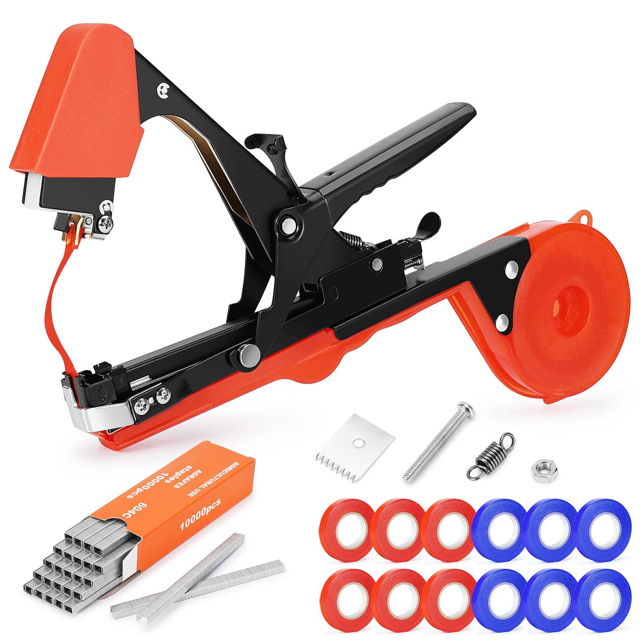 Plant Tying Machine, Garden Tapetool Tapener with 12 Roll Tapes, 1 Box Staples and 1 Replacement Blade for Vegetables, Grape, Tomato, Cucumber, Pepper,Flower, fruits and Vegetables plant (Red)