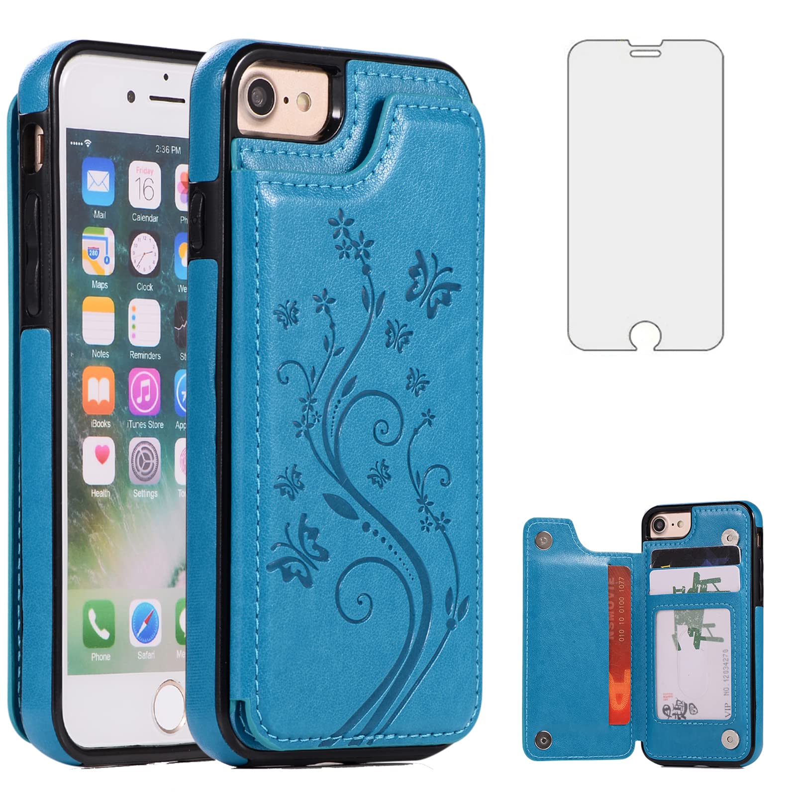 Phone Case for iPhone 7/8/SE 2020/2022 with Tempered Glass Screen Protector and Card Holder Wallet Cover Flip Leather iPhone7 iPhone8 7s 8s i SE2020 SE2022 2/2nd/3/3rd Generation SE2 SE3 7SE 8SE Blue