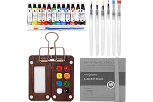 GENERIC Tobios Watercolor Kit, Tobio Mini Watercolor Set, Travel Watercolor Set with 12 Color, Wooden Paint Box, Watercolor Book, 6 Brush, Portable Paint Palette for Artist (Wooden-S)