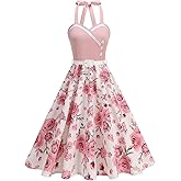 50s Dresses for Women Vintage 1950s Retro Cocktail Party Swing Dress with Belt Pin up 50's Polka Dot Floral Rockabilly Dress
