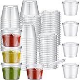 Lounsweer 60 Pack Plastic Condiment Souffle Containers with Attached Lids 1 oz, Mini Sauce Cups Jelly Shot Cups Leak Proof Po