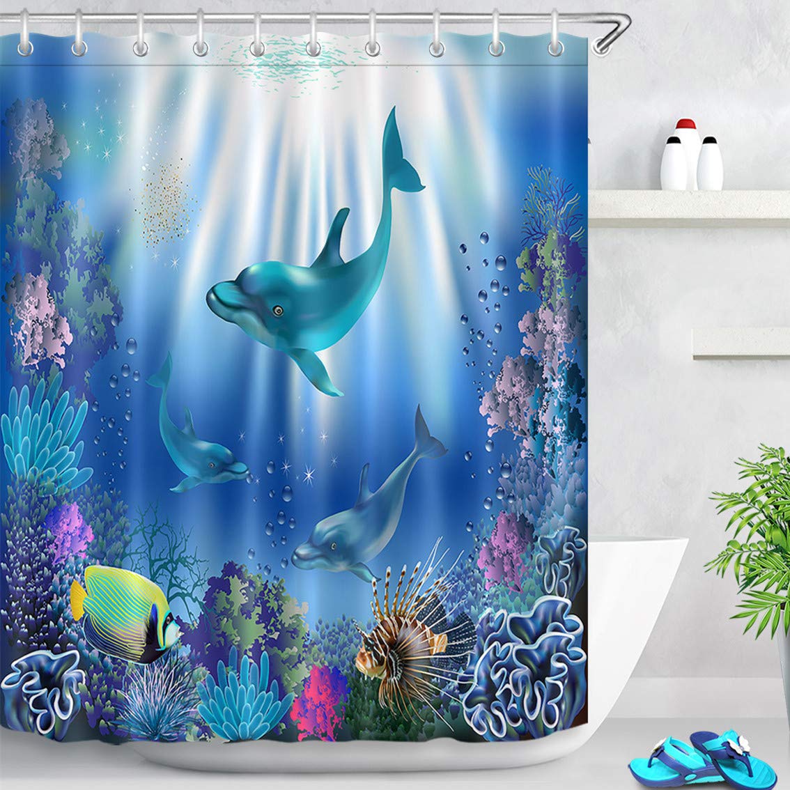 LB Dolphin Shower Curtain Tropical Fish Barthroom Curtain for Kids Blue Ocean Waterproof Anti Mould Polyester Fabric Bath Curtains with Hooks, 59x71 inch
