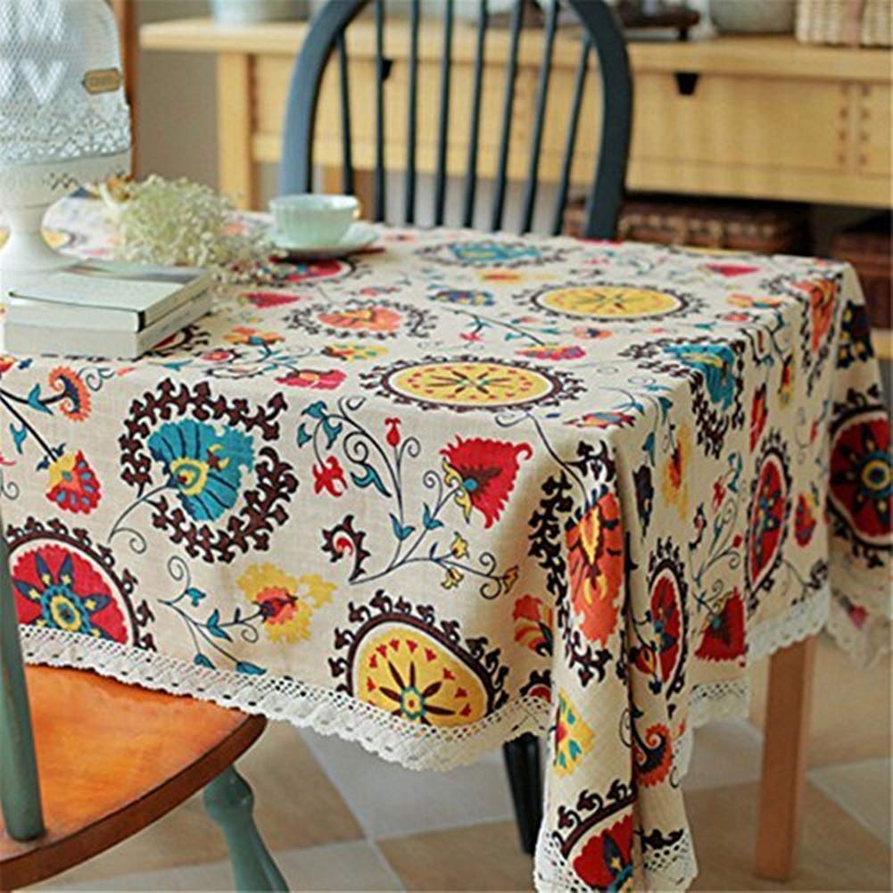 Superwinger Vintage Lace Sun Flower Tablecloth,Linen Embroidered Rectangle Washable Dinner Picnic Table Cloth,Assorted Size. (Multi, 140x250cm (55x98 inch))