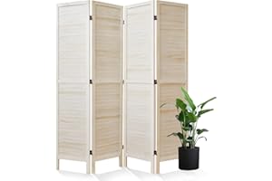 SVIMI Room Dividers and Folding Privacy Screens, Wood Louvered Separators Divider Wall for Home Office Bedroom - 4 Panels, 67 * 60inch (White-Washed)