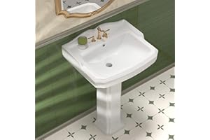 HOMLYLINK Vintage Pedestal Sink White 3 Hole, 23 x 19 Inch Bathroom Pedestal Sink Combo, with Backsplash, 1 Overflow Hole, 3 Faucet Holes, Pure White, for Bathroom
