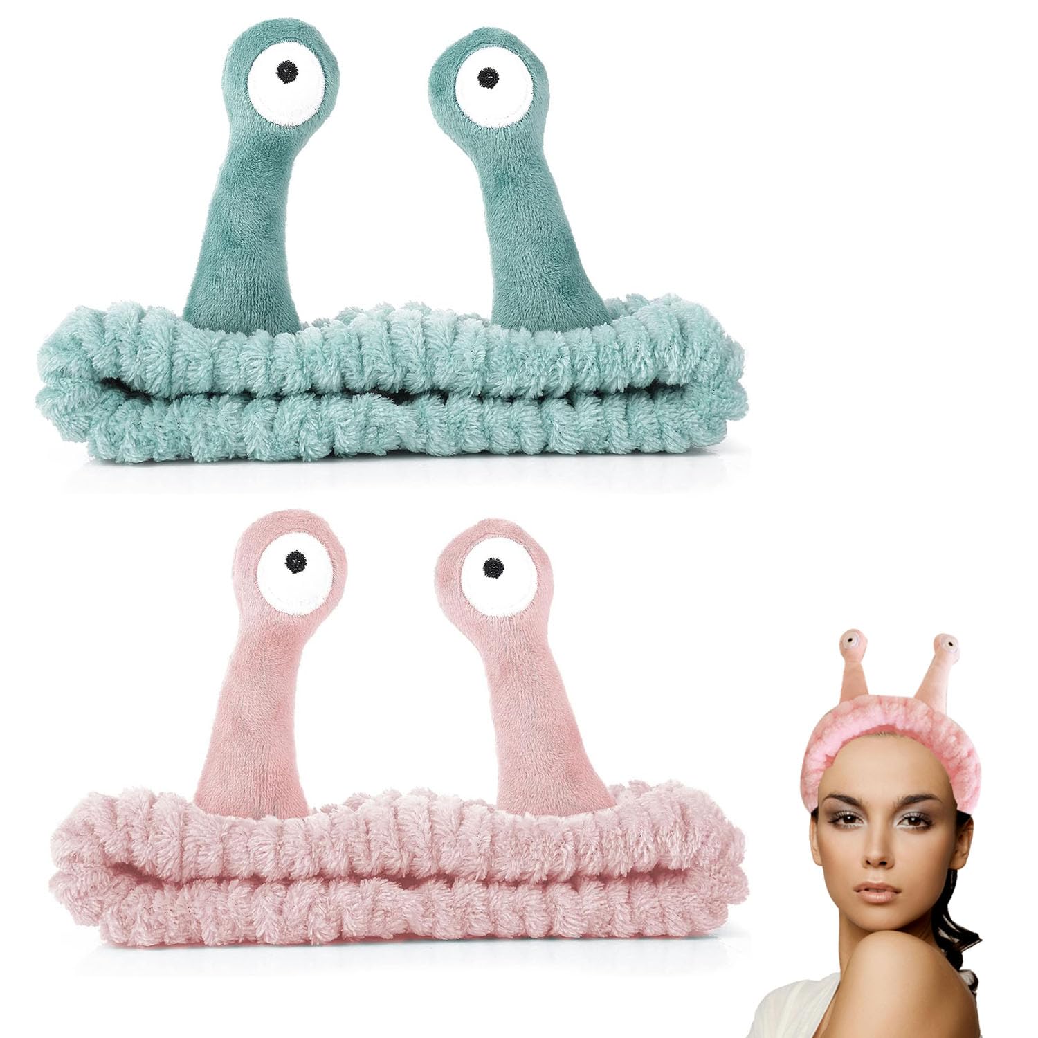 2 pcs Face Wash Headband, Palm and Snail Spa Hair Bands Makeup Headbands Women Cartoon Cute Elastic Headband, Wide Hair bands for Women, for Washing Face Shower Sports Beauty Skincare（Green&Pink）