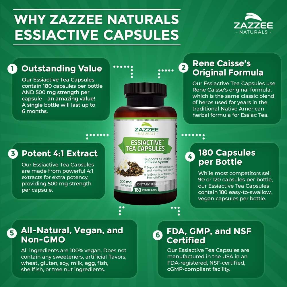 Zazzee Essiac Tea, 180 Veggie Capsules, 500 mg per Capsule, Potent 4:1 Extract, Vegan, Non-GMO and All-Natural, Rene Caisse's Original Formula‎: Health & Personal Care