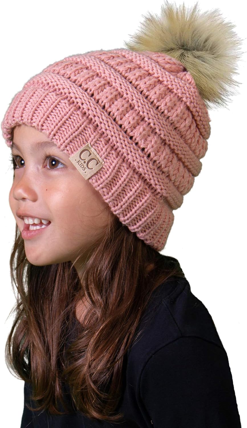 Kids Pom Beanie - Indi Pink (Faux Fur pom): Clothing