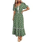 Dokotoo Womens Tie Front V-Neck Empire Waist Dress Summer Short Sleeve Smocked Wedding Guest Dress Floral Maxi Dresses