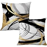 Black White and Gold Pillow Covers, 18 x 18 Inch Set of 2, Abstract Black and Gold Pillow Covers, Modern Boho Home Decor, Decorative Throw Pillows for Couch Living Room Bedroom