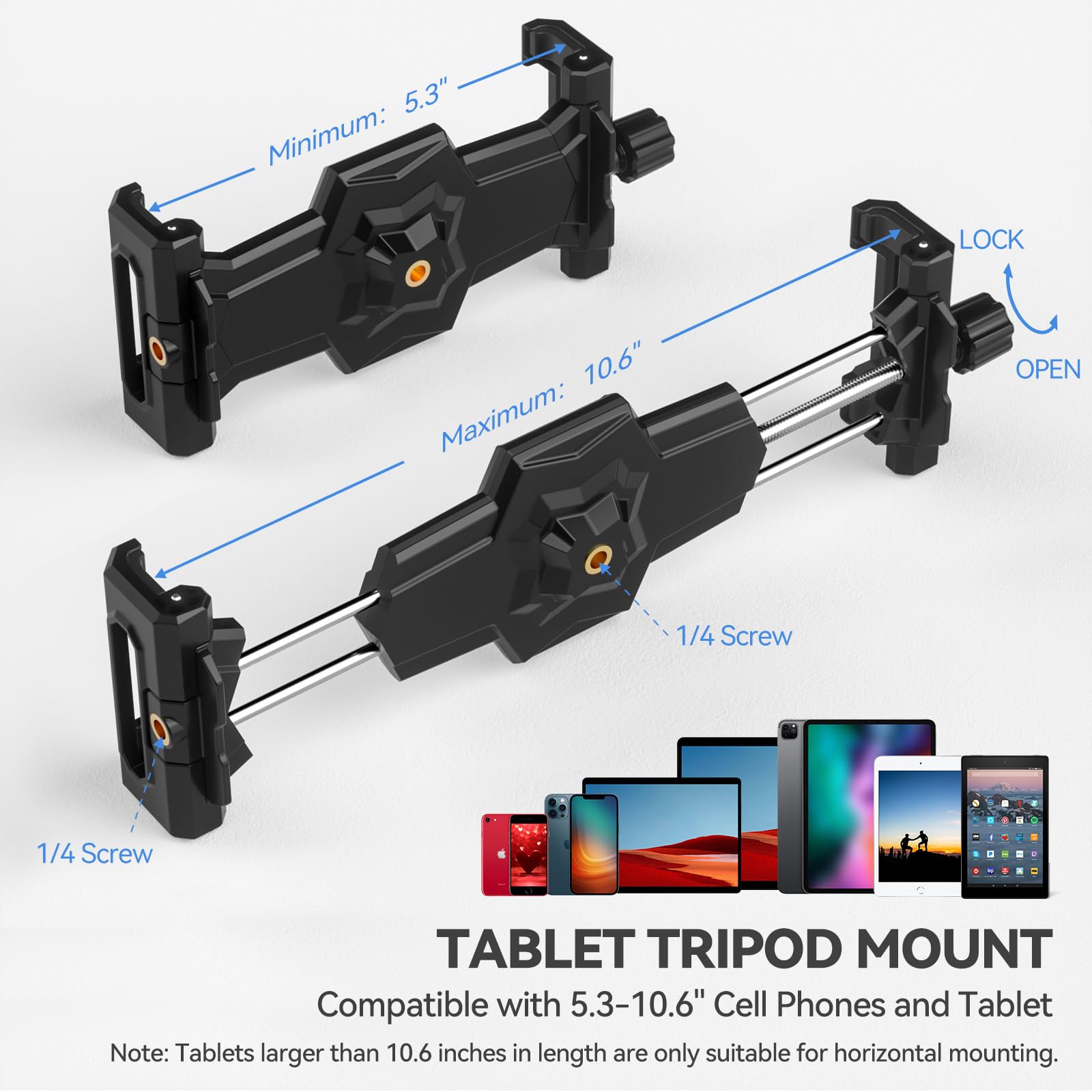 KDD iPad and Phone Tripod Mount Adapter with Ball Head, iPad Holder for Tripod, 360 Rotatable Tablet Clamp Mount fits iPad Pro 12.9, Air Mini 3 4, Galaxy Tab, Surface Pro, Selfie Stick(5.3-10.6