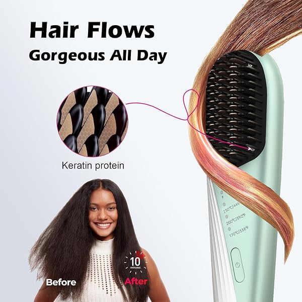 GO BRUSH PRO CORDLESS HAIR STRAIGHTENER BRUSH – PORTABLE TRAVEL-FRIENDLY, 30S QUICK HEAT, 10000MAH USB-C RECHARGEABLE, 150M NEGATIVE IONS (GREEN(10000MAH))