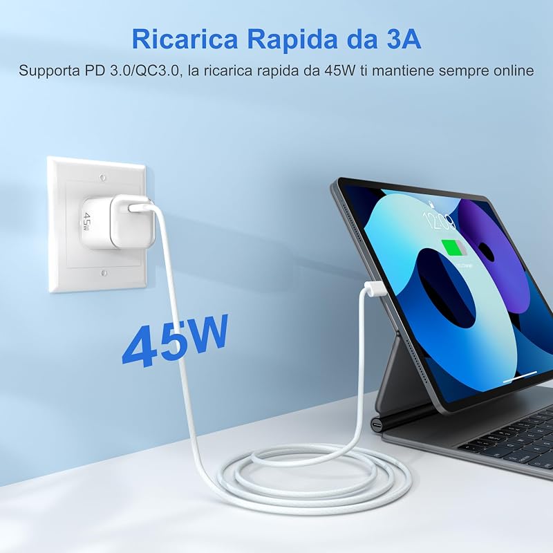 45W Caricatore USB C Caricabatterie：GAN PD3.0 Alimentatore USB C Rapido Compatto Carica Batterie Cellulare con 60W Cavo Type-C 1M Spina Ricarica Adattatore Tipo C Presa Spinotto per Smartphone