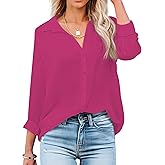 OMSJ Women's Button Down Shirts Casual Long Sleeve Stylish V Neck Solid Work Business Blouses Tops with Pocket