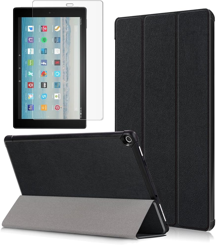 Gzerma Tablet Case for Fire HD 10 2017 Release with Screen Protector, PU Leather Flip Stand Smart Cover with Auto Wake/Sleep, Shatterproof High Definition Protective Film for All-New Fire HD10, Black