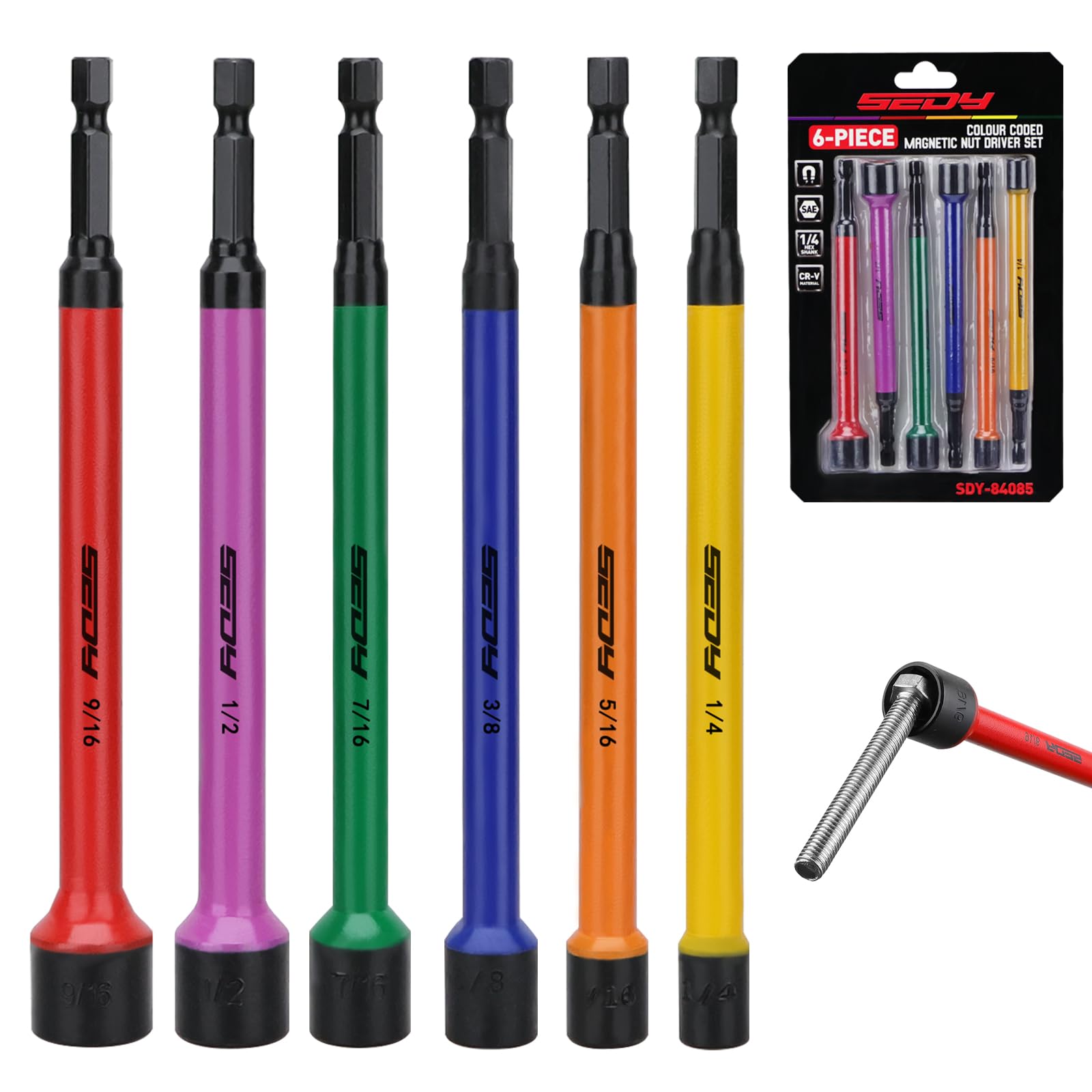 Photo 1 of Magnetic Impact Nut Driver Set: 6-Piece SAE Color Coded Nut Setter Set 6 Inch Length CR-V Nut Driver Tool Set 1/4 Inch Hex Shank Extra Long Nut Driver Bit Set