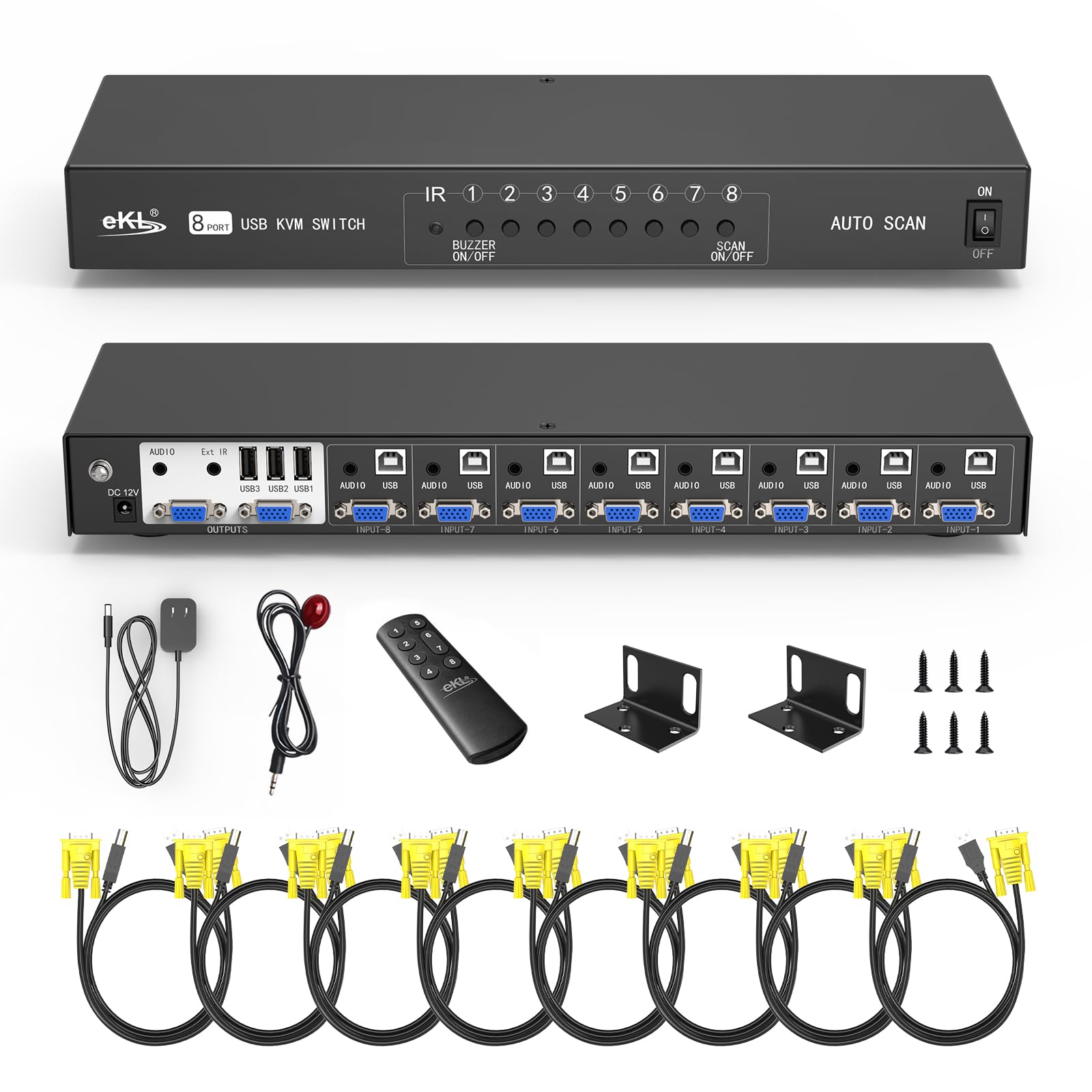 Huasion VGA KVM Switch 8 Port in 2 Out Switcher 8x2 Supports Wireless Keyboard and Mouse Audio USB 2.0 Devices Sharing 8 Computers with Remote Control
