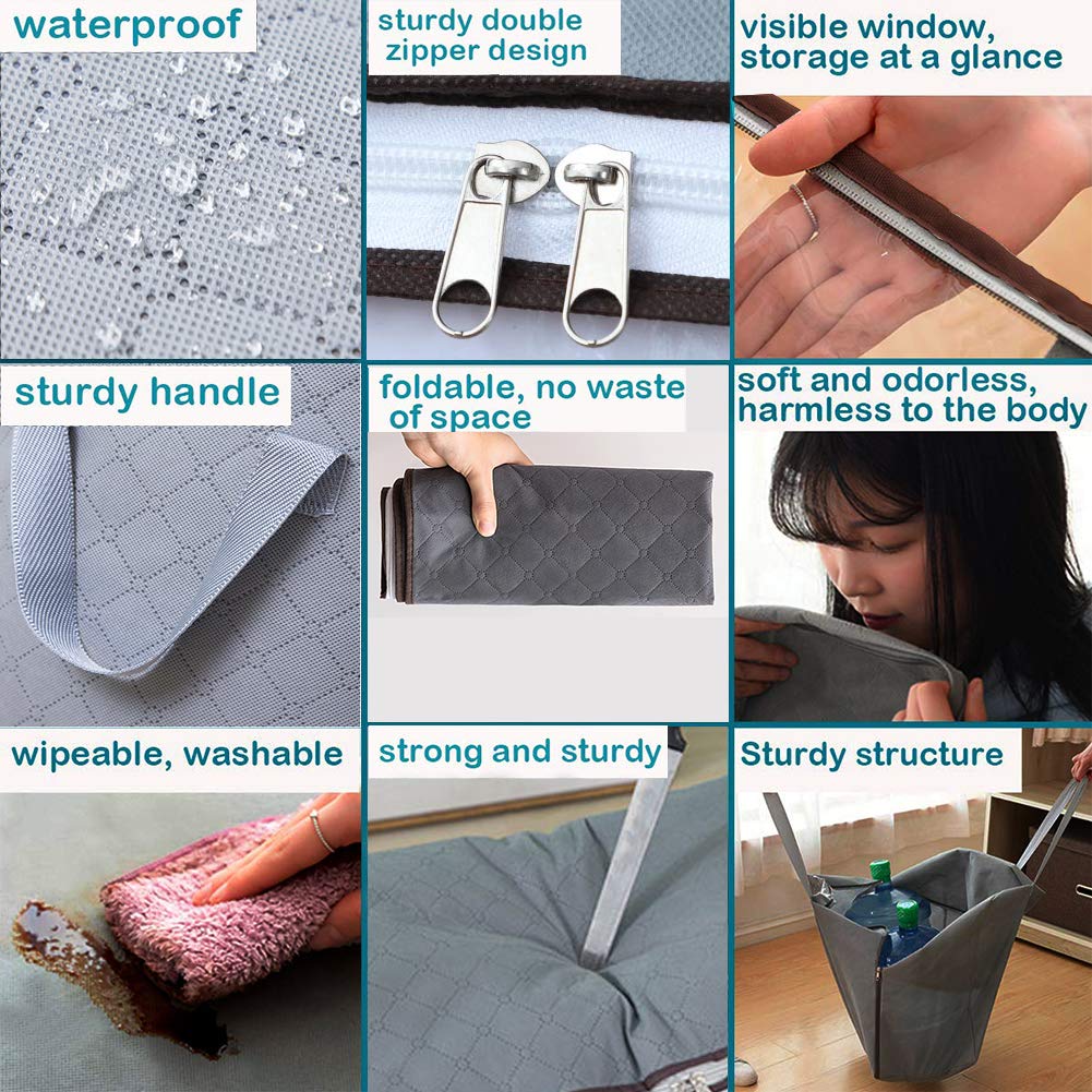 Large Capacity Clothing Storage Bag Organizer, 3 Pack Foldable Storage Bags with Double Zippers for Comforters, Large Clear Window & Portable Handles, Great for Clothes, Blankets