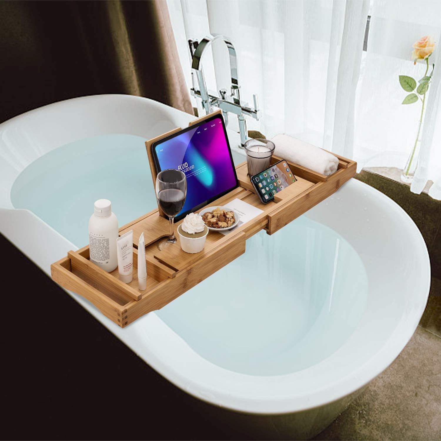 HBlife Bamboo Bathtub Caddy Tray [Durable, Non-Slip], One or Two Person Bath and Bed Tray, Extending Sides Fits Any Tub, Cellphone iPad and Wineglass Holder, Free Soap Holder -Natural Color: Home & Kitchen