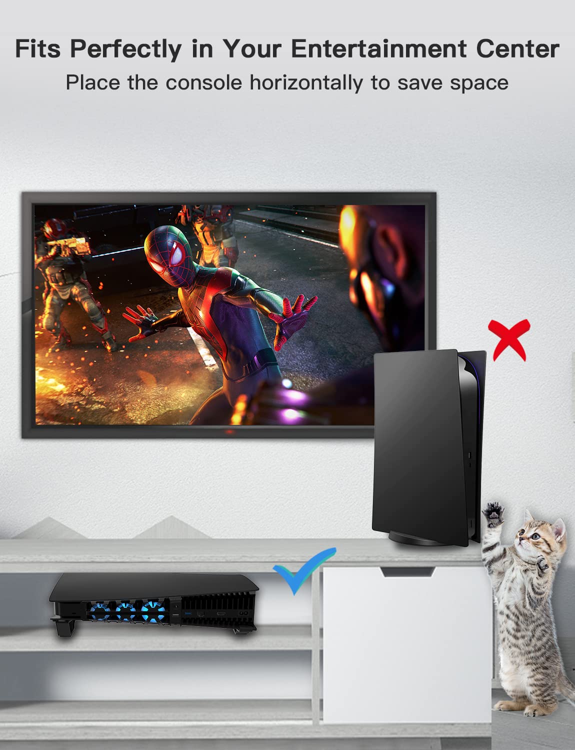 NexiGo PS5 Horizontal Stand with Slient Cooling Fan, [Auto On/Off], [Minimalist Design], Compatible with PlayStation 5 Disc & Digital Editions, Built-in LED Light, Extra USB Port, Black