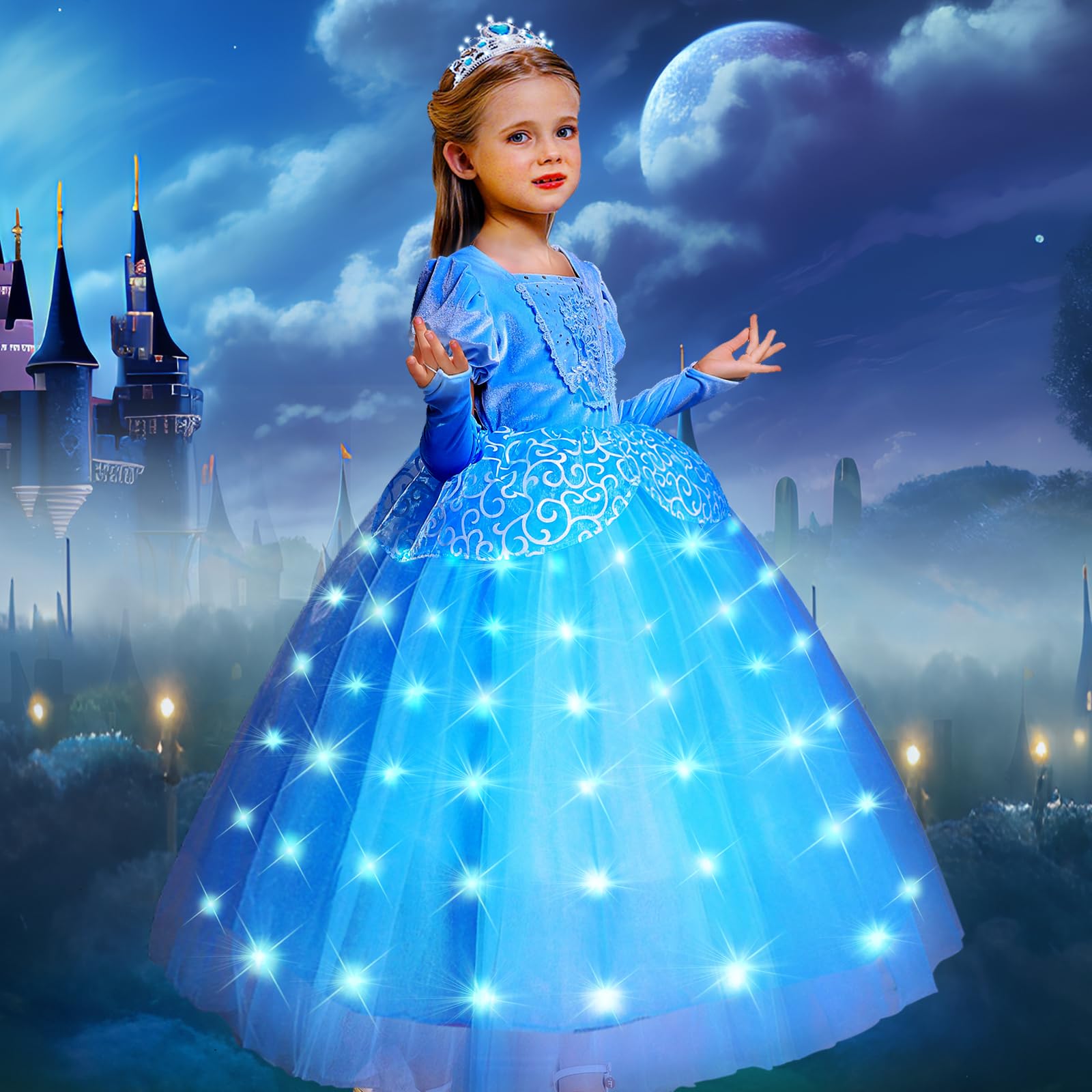 VIPten Light Up Princess Dress Girls Toddler Blue Princess Costume Children's Halloween Cosplay Princess Dress (Blue, 4-5 Years)