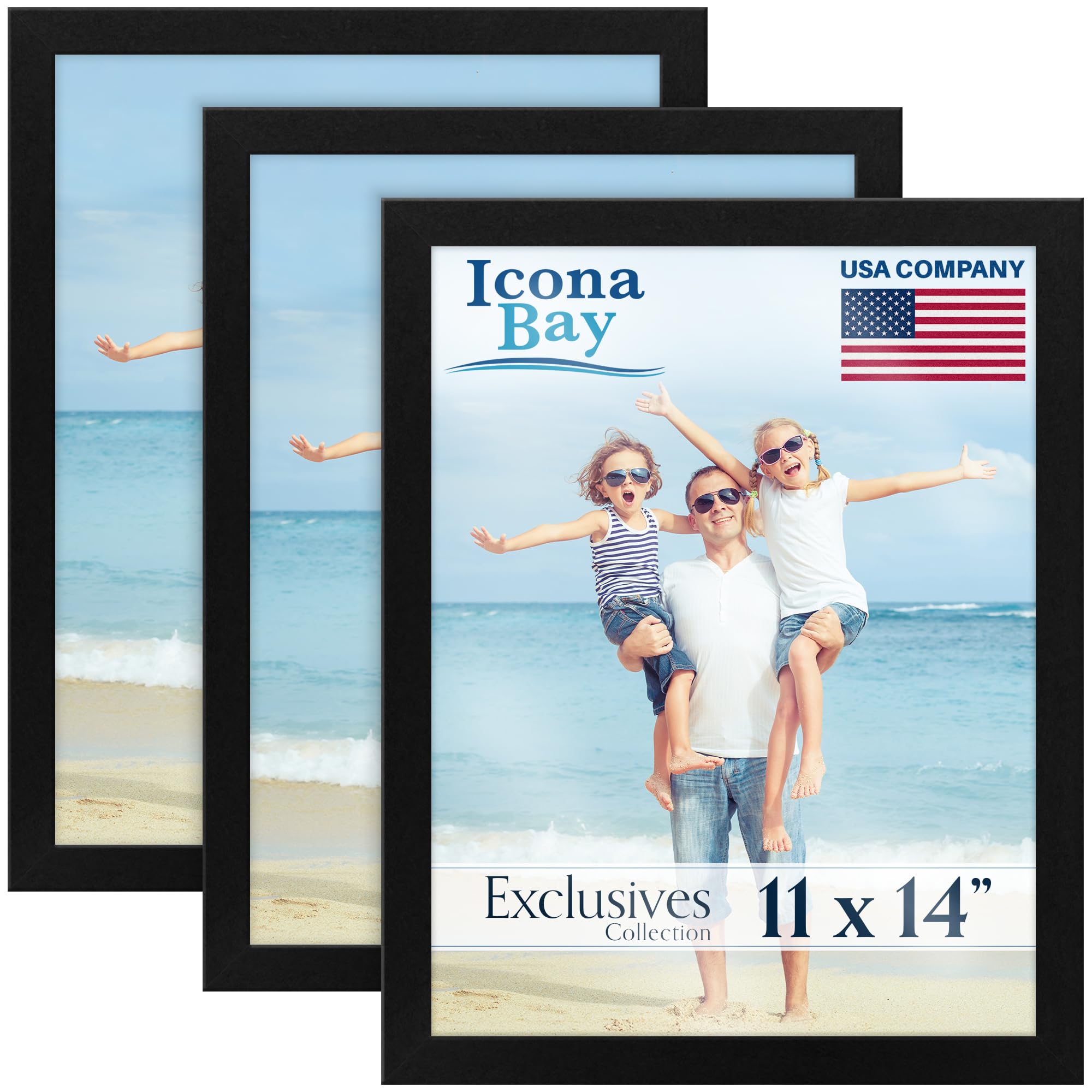 Icona Bay 11x14 Picture Frames (Black, 3 Pack), Sturdy Wood Composite Photo Frames 11 x 14, Sleek Design, Table Top or Wall Mount, Exclusives Collection